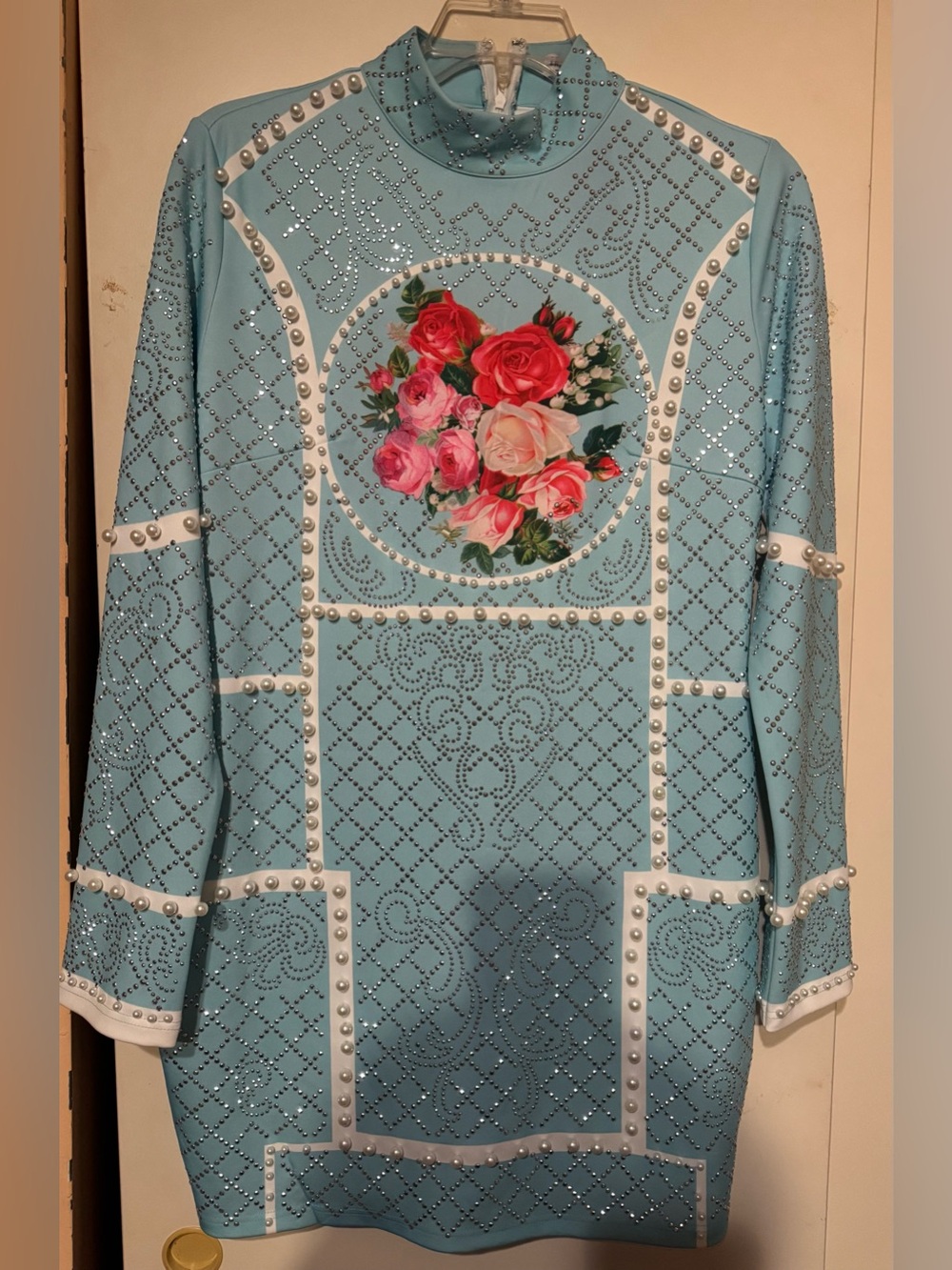 Fashion Nova Light Blue Floral (Fleur Pearl Mini Dress) with Pink & Red Roses